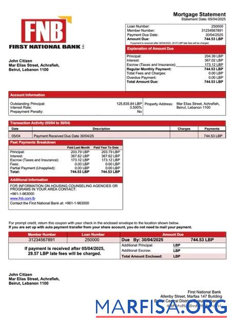 Printable Lebanon First National Bank mortgage statement Word and PDF template